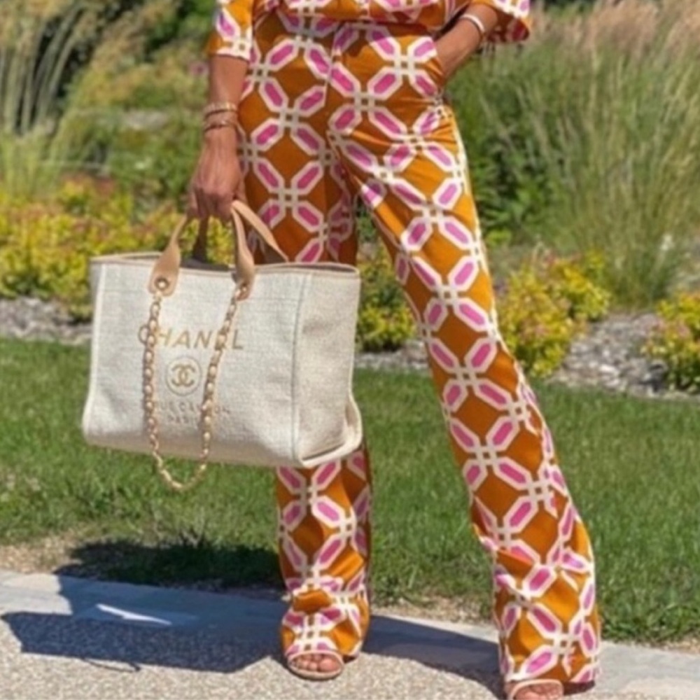 Zara geometric print pajama style satin silk like pant trousers